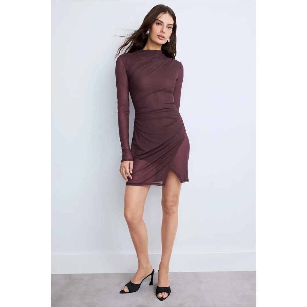 LAPOINTE Mesh Ruched Mock Neck Long Sleeve Mini Dress Plum size M